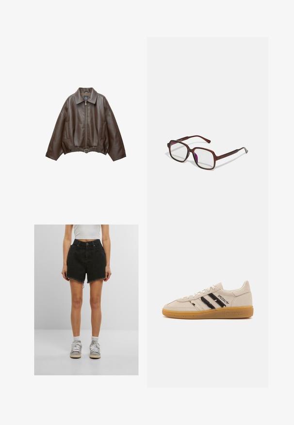 PULL&BEAR Bunda z umělé kůže - dark brown; Krémový top s dlouhým rukávem, zdobený květinovým krajkovým vzorem, vysokým límcem a detailem na straně pro nastavitelné nošení. Měkká textura a lehký materiál.; Černé denim šortky s vysokým pasem, přírodní zakončení a boční kapsy, doplněné bílými teniskami a kotníkovými ponožkami.; Béžové semišové tenisky s černými pruhy a textem "Spezial", mají texturovanou gumovou podrážku a klasický šněrovací design.; Hnědé, obdélníkové brýle s průhlednými skly a fialovými odstíny. Hladký plastový rám s rovnými nohami a jemnými akcenty.; Růžová kabelka přes rameno z imitace kůže s trojúhelníkovým logem, nastavitelným popruhem a zlatými kovovými prvky. Má texturovaný povrch a elegantní design.
