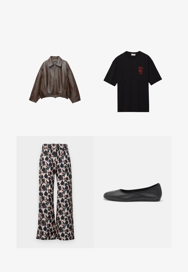 PULL&BEAR Imitatieleren jas - dark brown; Zwarte katoenen t-shirt met korte mouwen en een relaxte pasvorm. Heeft een rode grafische print op de borst met de tekst "EEN REIS VAN OPENBARING."; MUNTHE ARUM - Broek - rose; Zwarte leren ballerina met een ronde neus, gladde textuur, minimale stikdetails en een flexibele zoolontwerp.