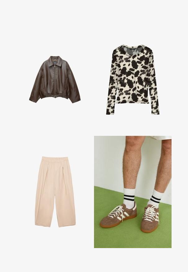 PULL&BEAR Imiteret læderjakke - dark brown; Langærmet top lavet af let materiale med et sort og hvidt cow-print mønster, rund halsudskæring og afslappet pasform.; Beige bredde bukser med elastisk talje, der har forkantens folder og et glat, let stof. Ingen synlige lommer eller mønstre.; Brune ruskind sneakers med hvide detaljer og snørebånd. Gummisål i naturgummi. Båret med hvide sokker med sorte striber. Grøn struktureret gulv.