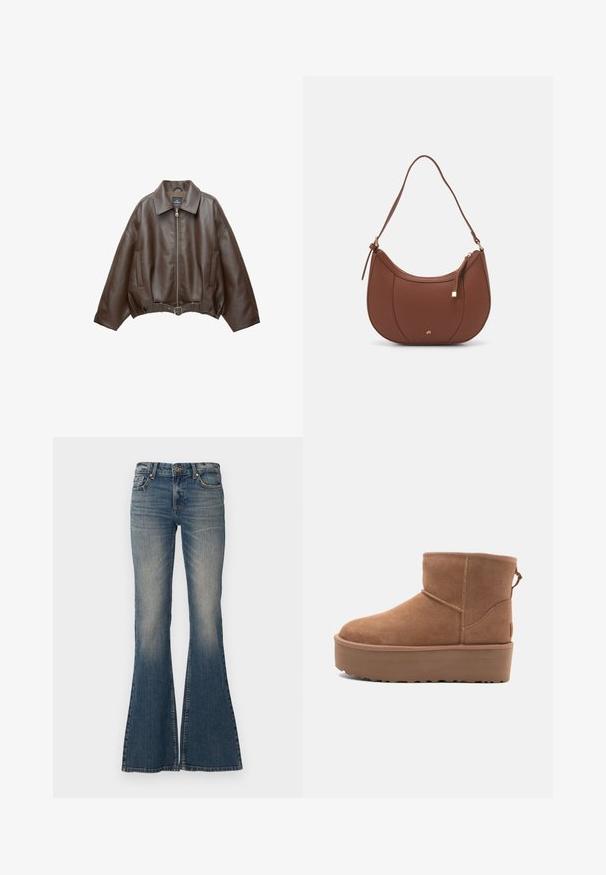 PULL&BEAR Imitatieleren jas - dark brown; Effen wit T-shirt van katoen met een ronde hals, korte mouwen en een relaxte pasvorm. Glad textuur zonder patronen of accenten.; Uitlopende blauwe jeans van denim, met een knoopsluiting, vijf zakken en een vervaagd uiterlijk met een brede pijpopening.; Tan suède enkellaars met een platformzool, ronde neus en stiksels; heeft een trekband aan de achterkant voor gemakkelijke instap.; Bruine faux leren schoudertas met een gebogen vorm, minimale stiksels en een gouden hardware-accent. Voorzien van een bovenste ritsluiting en een verstelbare schouderband.