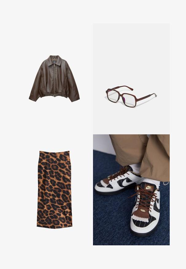 PULL&BEAR Jacka i konstläder - dark brown; Brun strapless topp i ribbat tyg. Slät yta med en åtsittande form och rena kanter. Inga synliga logotyper eller mönster.; Leopardmönstrad kjol med ett brunt och svart mönster, slät textur, ankel-längd design och en figursydd siluett.; Nike-sneakers i vitt, svart och brunt material. Utökat med en texturerad brun klaff, randig design och traditionell snörning med gulddetaljer.; Bruna, rektangulära glasögon med genomskinliga linser och lila toning. Slät plastbåge med raka skalmar och subtila detaljer.; Halsband med tre lager bestående av guldkedjor, en silverpärlsladdning och en central knutdetalj. Inkluderar en justerbar låsning.