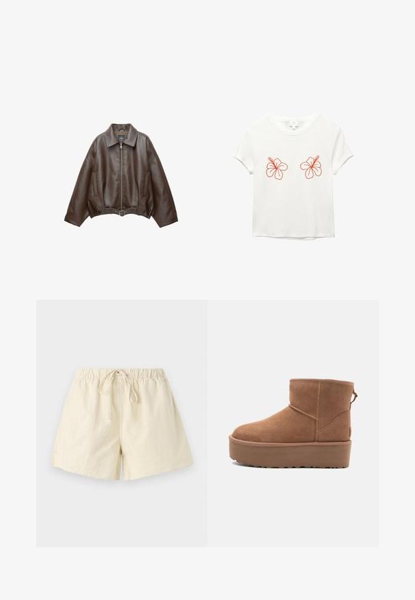 PULL&BEAR Kunstlederjacke - dark brown; Weißes T-Shirt mit kurzen Ärmeln, das zwei orangegestickte Hibiskusblüten auf der Vorderseite zeigt. Weicher Stoff mit lockerer Passform und Rundhalsausschnitt.; Beige Shorts mit elastischem Bund und Kordelzug, entspannter Schnitt und glatter Textur. Keine sichtbaren Taschen oder Muster.; Beige Wildleder-Ankle-Boot mit Plateausohle, abgerundetem Zehenbereich und abgesteppten Akzenten; verfügt über eine Zuglasche hinten für einfaches An- und Ausziehen.
