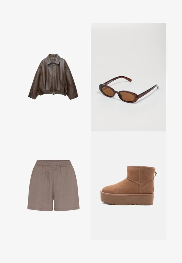 PULL&BEAR Imitatieleren jas - dark brown; Witte korte mouwen t-shirt van katoen. Heeft een ronde halslijn en een ontspannen pasvorm. Glad textuur zonder zichtbare patronen of accenten.; Bruine, gestructureerde shorts met een elastische tailleband. Heeft een relaxed fit en een eenvoudige uitvoering, geschikt voor casual wear.; Tan suède enkellaars met een platformzool, ronde neus en stiksels; heeft een trekband aan de achterkant voor gemakkelijke instap.; Ronde, bruin getinte zonnebril met een glanzend bordeauxrood frame. Slanke pootjes met subtiele merkdetails. Vlakke lensontwerp.