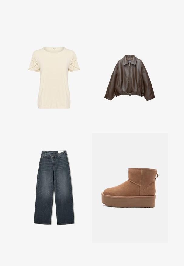 PULL&BEAR Imitatieleren jas - dark brown; Crème t-shirt met een ronde halslijn en korte mouwen. Mouwen zijn voorzien van ingewikkelde kantdetails. Zachte, gladde stof en een relaxte pasvorm.; Donker gewassen spijkerbroek met een wijde pijpdesign, voorzien van een hoge taille, vijf zakken en subtiele wassing aan de voorkant.; Tan suède enkellaars met een platformzool, ronde neus en stiksels; heeft een trekband aan de achterkant voor gemakkelijke instap.