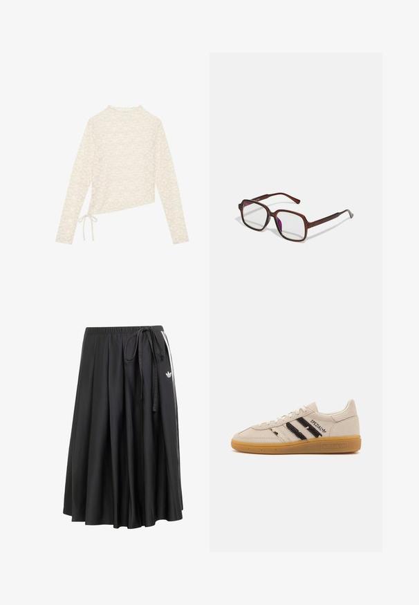 PULL&BEAR Bunda z nepravej kože - dark brown; Krémový top s dlhým rukávom, so vzorom kvetinovej čipky, vysokým golierom a bočným detailom na viazanie pre nastaviteľné prispôsobenie. Mäkkučká textúra a ľahká látka.; Čierna midi sukňa s elastickým pásom, bočným viazaním, bielymi pruhmi a logom Adidas trefoil na pravej strane.; Béžové semišové tenisky s čiernymi pruhmi a textom "Spezial", majú textúrovanú gumenú podrážku a klasický šnurovací dizajn.; Hnedé, obdĺžnikové dioptrické okuliare s priehľadnými šošovkami a fialovými odtieňmi. Hladký plastový rám so zásadnými nožičkami a jemnými akcentmi.; Ružová kabelka z faux kože cez plece s trojuholníkovým logom, nastaviteľným popruhom a zlatým kovovým príslušenstvom. Disponuje textúrovaným povrchom a štýlovým dizajnom.