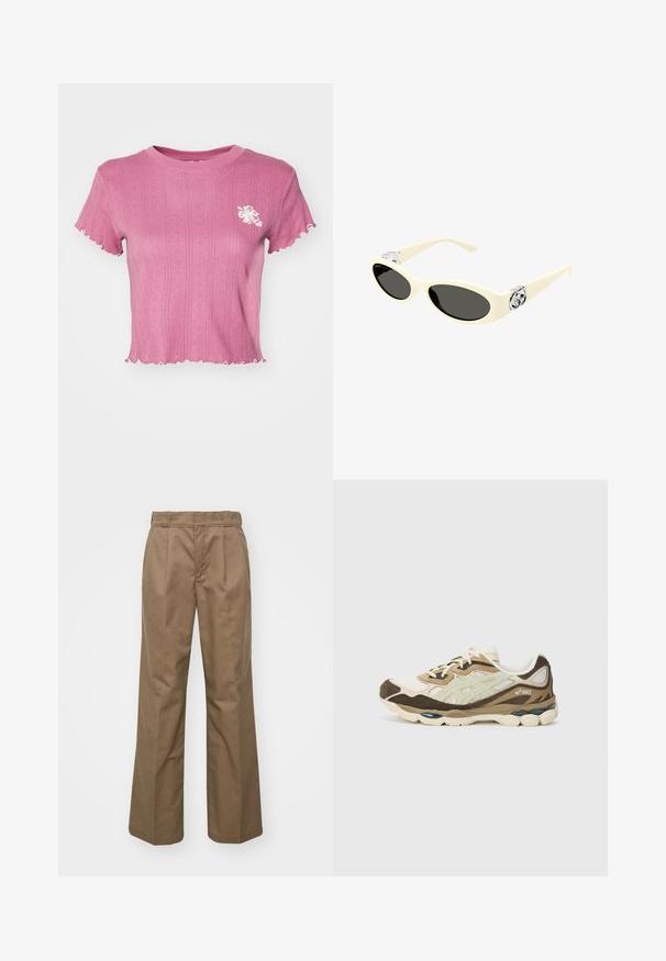 PULL&BEAR Giacca in similpelle - dark brown; T-shirt cropped rosa con texture a coste e orli scallop. Presenta un ricamo floreale bianco sul lato sinistro del petto. Tessuto leggero.; Pantaloni marroni a gamba larga realizzati in un tessuto robusto. Presentano pince davanti, una superficie liscia e un design della vita classico.; Scarpone da corsa ASICS beige e marrone con tomaia in rete e suede, suola ammortizzata e logo del marchio sul lato e sul tallone.; Occhiali da sole color crema con lenti ovali, tonalità nera e accenti metallici con logo alle tempie. Texture liscia, design a occhio di gatto.