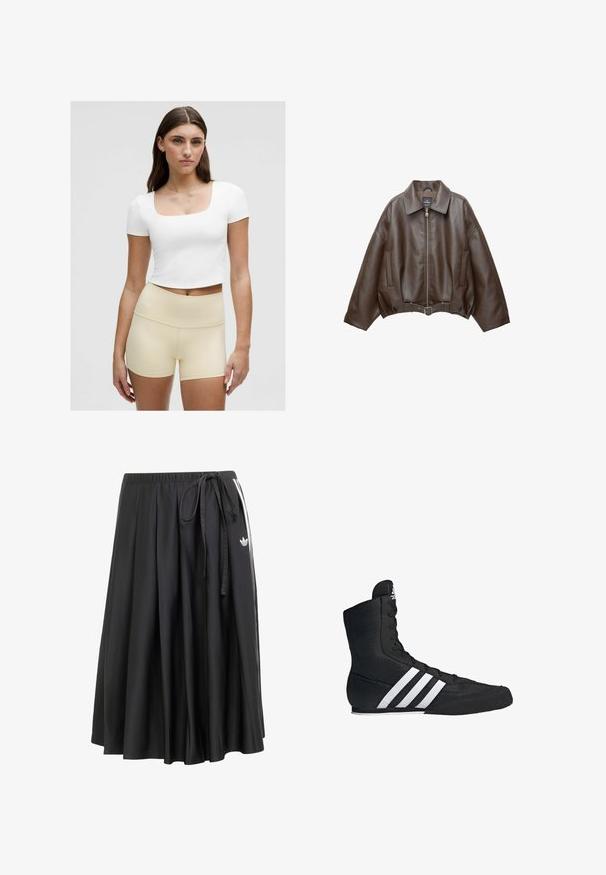 PULL&BEAR Bunda z nepravej kože - dark brown; Biely skrátený tričko s štvorcovým výstrihom, v kombinácii s svetlo béžovými šortkami s vysokým pásom, hladká tkanina, priliehavý strih.; Čierna midi sukňa s elastickým pásom, bočným viazaním, bielymi pruhmi a logom Adidas trefoil na pravej strane.; Čierna vysoká športová obuv s textilným zvrškom, vybavená tromi bielymi pruhmi a šnurovaním vpredu. Plochá gumová podrážka na spodnej časti.