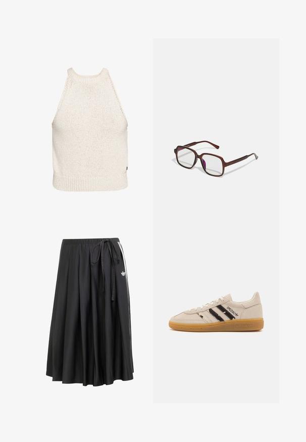 PULL&BEAR Giacca in similpelle - dark brown; Roxy CACTUS FIELDS TANK - Top - white; Gonna nera midi con cintura elastica, lacci laterali, strisce bianche e logo trefoil Adidas sul lato destro.; Sneaker in suede beige con strisce nere e testo "Spezial", dotata di suola in gomma texturizzata e design classico con lacci.; Occhiali rettangolari marroni con lenti trasparenti e tonalità viola. Montatura in plastica liscia con stanghette dritte e accenti sottili.