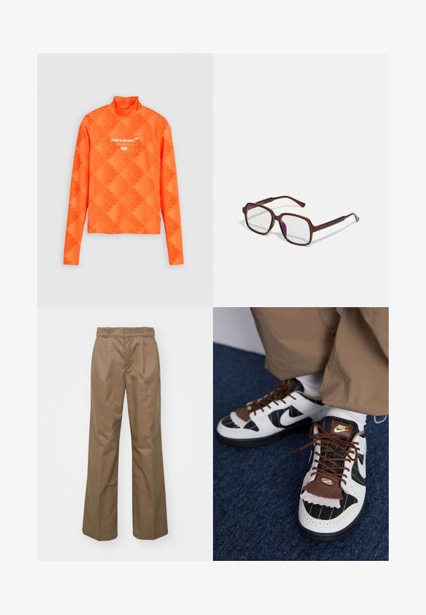 PULL&BEAR Műbőr dzseki - dark brown; Levi's® LEVI'S® X MCLAREN SECOND SKIN - Hosszú ujjú felső - multi-color; Barna, széles szárú nadrág, tartós anyagból készült. Elől redőzött, sima textúrájú, és klasszikus derékrész kialakítással rendelkezik.; Nike sportcipő fehér, fekete és barna anyagokból készült. Jellemzője egy textúrált barna fedél, csíkos minta és hagyományos fűzés arany kiegészítőkkel.; Barna, téglalap alakú szemüveg áttetsző lencsékkel és lila árnyalattal. Simító műanyag keret, egyenes szárakkal és diszkrét díszítésekkel.; Háromrétegű nyaklánc arany láncokkal, ezüst gyöngysorral és középen csomó díszítéssel. Állítható kapoccsal rendelkezik.