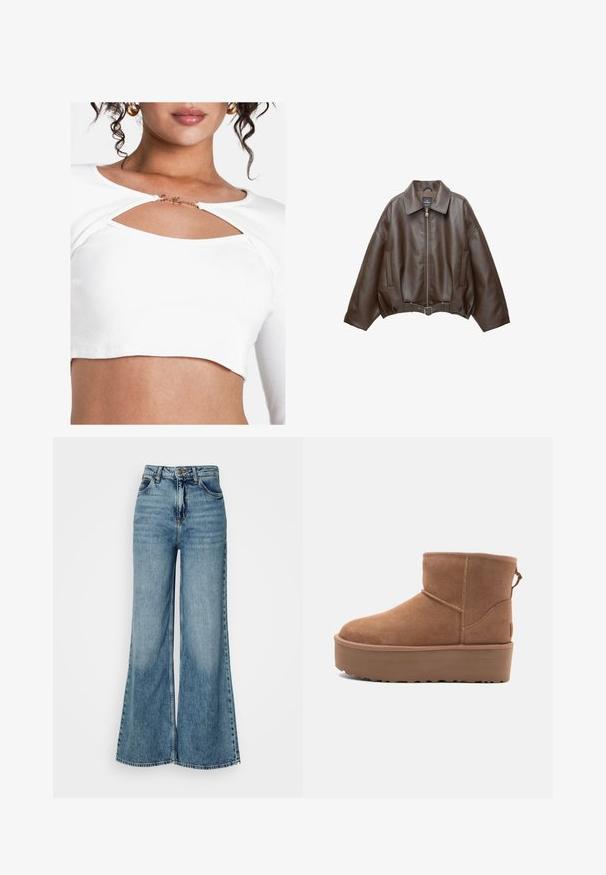 PULL&BEAR Imitatieleren jas - dark brown; Witte geribbelde crop top met een uitsnijding bij de borst en een gouden accentdetail. De stof heeft een gladde textuur en een aangesloten pasvorm.; Hooggewaisted, lichtblauwe wijdvallende denimjeans met voorzakken en knoopsluiting, weergegeven tegen een effen witte achtergrond.; Tan suède enkellaars met een platformzool, ronde neus en stiksels; heeft een trekband aan de achterkant voor gemakkelijke instap.