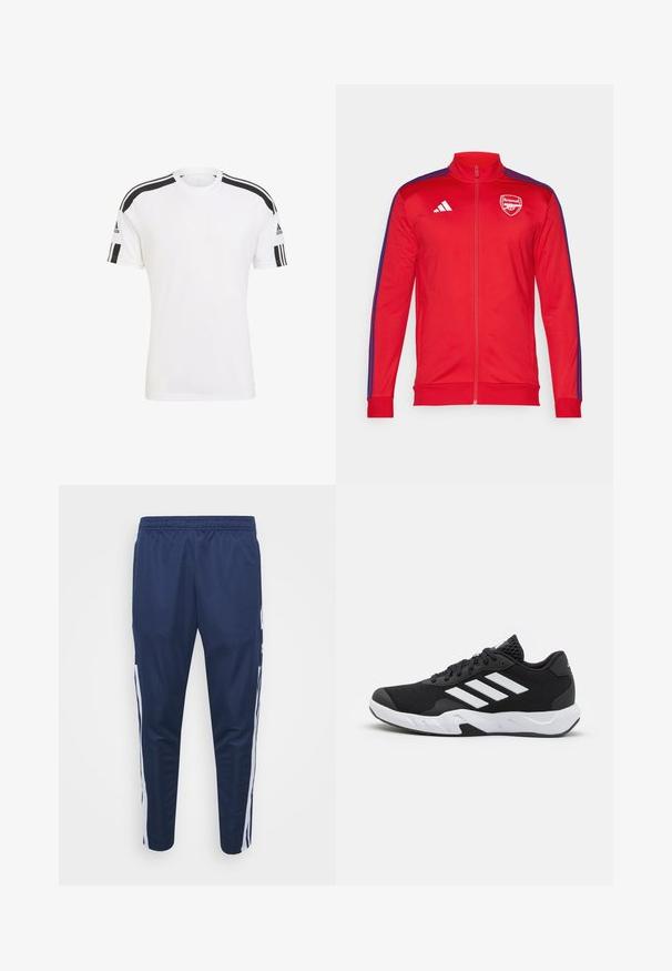 Rote Zip-Jacke mit hohem Kragen; verfügt über blaue Seitenstreifen und ein weißes Arsenal-Logo auf der Brust. Hergestellt aus glattem, leichtem Material.; Weißes Sport-T-Shirt mit schwarzen Streifen an den Schultern, aus atmungsaktivem Stoff gefertigt. Kurze Ärmel und runder Ausschnitt.; Marineblaue sportliche Jogginghosen mit einem dehnbaren Bund, schmal zulaufenden Beinen und weißen Seitenstreifen. Hergestellt aus leichtem, glattem Stoff.; Schwarze Sportschuhe mit einem strukturierten Mesh-Obermaterial, weißen Akzentstreifen, einer gepolsterten Sohle und einer verstärkten Ferse für Unterstützung.