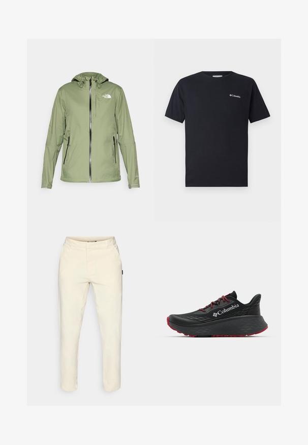 Gaišs, zaļš ūdensnecaurlaidīgs mētelis ar kapuci, ar rāvējslēdzēju un diviem sānu kabatām. Iespējas atstarojoši akcenti un logo uz krūtīm.; Melnas īsām piedurknēm T-krekls, izgatavots no kokvilnas, ar nelielu baltu Columbia logotipu kreisajā krūtī. Klasisks apaļš kakla izgriezums un brīvs piegriezums.; Bēšas bikses no gludas auduma, ar taisni griezumu, divām sānu kabatām un diskrētu logotipa uzlīmi sānos.; Melnas sporta kurpes ar teksturētu augšdaļu, sarkanām auklām un logotipu. Bieza zole ar rakstainu protektoru, lai nodrošinātu saķeri. Minimālisma dizains, sānu skats.