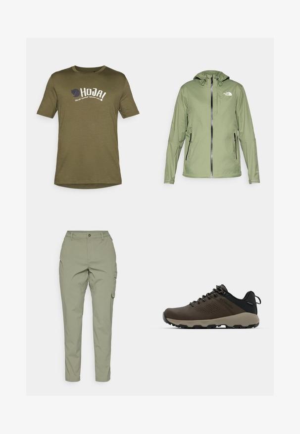 Kerge roheline veekindel jakk kapuutsiga, lukuga ja kahe küljetaskuga. Omab peegeldavaid aktsente ja logo rinnal.; Oliivroheline puuvillane T-särk, ümmargune kaelus, lühikesed varrukad, mille esiküljel on valge ja tumesinise värviga trükitud tekst ning logo. Kerge kangas.; Heledad oliivrohelised cargo-püksid otse sääre disainiga, ees nupuga lukustus ja küljetaskud funktsionaalsuse jaoks. Sile ja vastupidav kanga.; Kohandatud veekindlad pruunid spordijalatsid tekstuuriga pealisega, perforatsioonidega detailid, must kandetoetav osa ja hall kummine sisetald. Paelad on metallist otstega.