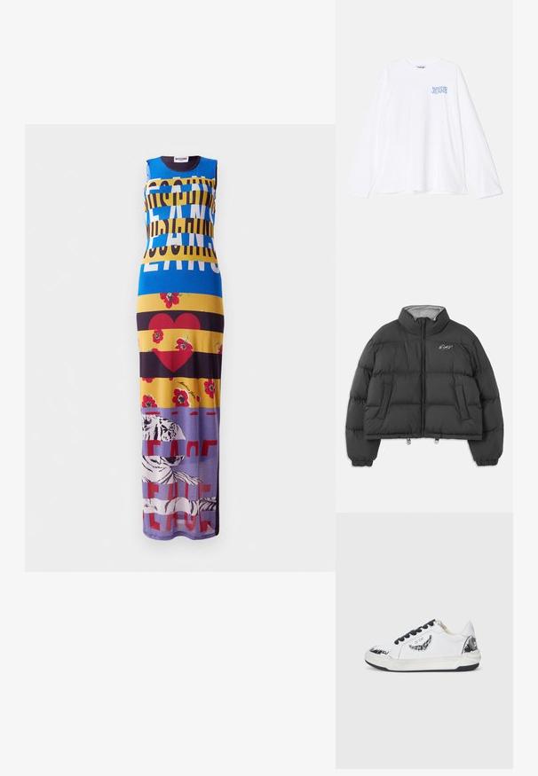 Must must arstme puffer jope kõrge kaelusega, ees lukuga, küljetaskutega, elastsete mansettidega ja valge tikandiga allkirjaga vasakul rinnal.; Maxi kleit, millel on mitmevärviline disain, julged tekstid, lillemustrid ja tiigri grafika. Valmistatud kergest kangast, millel on figuuri järgiv siluett.; Valge pikkade varrukatega T-särk puuvillast, ümmarguse kaelusega. Vasakul rinnal on helesinine "MOSCHINO JEANS" logo.; Valged tennisetajad mustade aktsentidega, tekstureeritud disainiga külgedel, mustad paelad ja kummist tald. Logo ja kunst teisel.