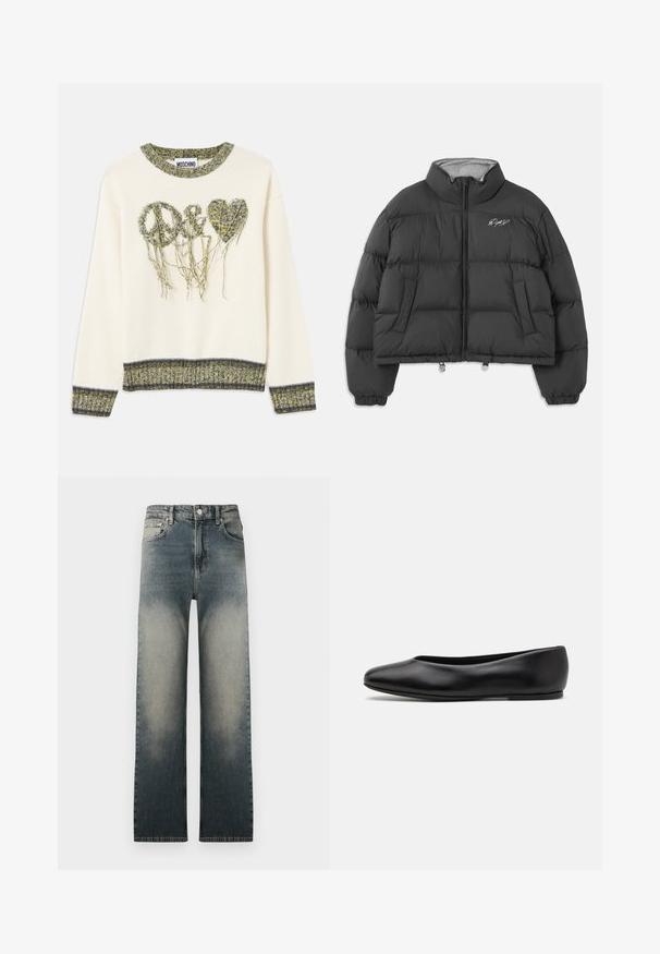 Czarna krótka puchówka z wysokim kołnierzem, przednim zamkiem, bocznymi kieszeniami, elastycznymi mankietami i białym haftowanym logo po lewej stronie klatki piersiowej.; Kremowy sweter z napisami "pokój" oraz wzorami serc w teksturowanej zielonej przędzy. Posiada ribbowany dekolt i mankiety z kontrastującymi ciemnymi akcentami.; Biała, długorękawowa koszula zapinana na guziki z kołnierzykiem i czarnym haftem "Moschino Jeans" na górnej lewej stronie klatki piersiowej.; Dżinsy z wysokim stanem, prostą nogawką, w odcieniu jasnoniebieskim i ciemnoniebieskim z klasycznym pięcio-kieszeniowym wzorem.; Paul Smith TOPANGA czarny