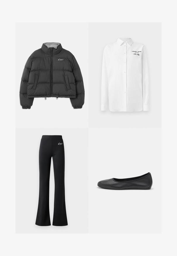 Casaco puffer preto cropped com colarinho alto, fecho à frente, bolsos laterais, punhos elásticos e assinatura branca bordada no peito esquerdo.; Camisa de botão branca de mangas longas com colarinho e texto bordado em preto "Moschino Jeans" no peito superior esquerdo.; Calças pretas mais largas feitas de um tecido suave. Apresentam uma cintura elástica e um pequeno logotipo branco na anca. Design simples, sem padrões visíveis.; Bailarina preta em pele com bico arredondado, textura suave, detalhe de costura minimalista e design de sola flexível.