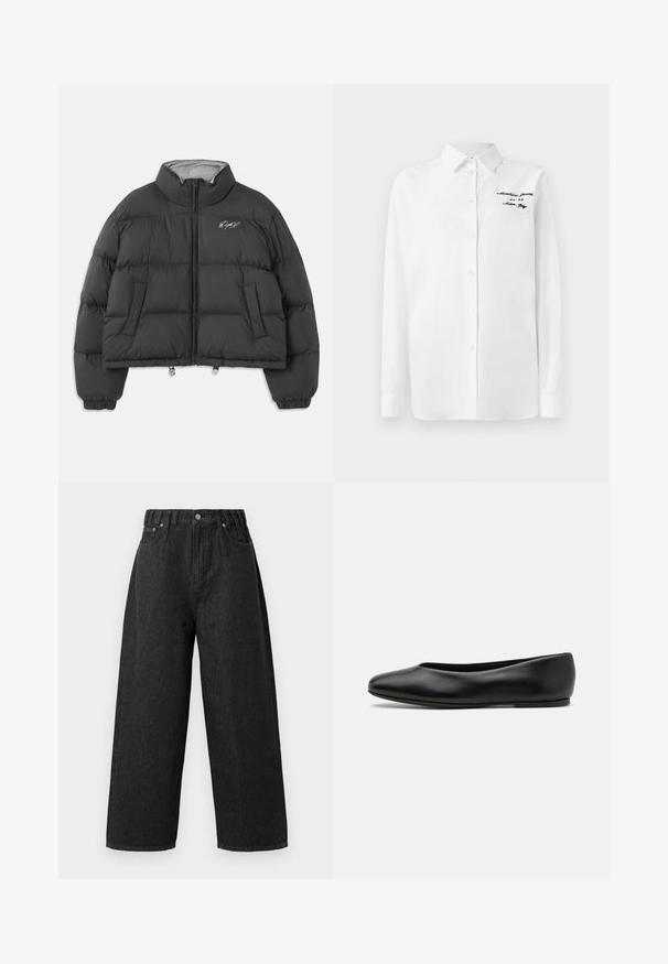 Casaco puffer preto cropped com colarinho alto, fecho à frente, bolsos laterais, punhos elásticos e assinatura branca bordada no peito esquerdo.; Camisa de botão branca de mangas longas com colarinho e texto bordado em preto "Moschino Jeans" no peito superior esquerdo.; Calças largas de ganga preta com uma cintura alta, apresentando um fecho de botão e zip, bolsos cosidos e uma textura suave.; Paul Smith TOPANGA - Sabrinas - black