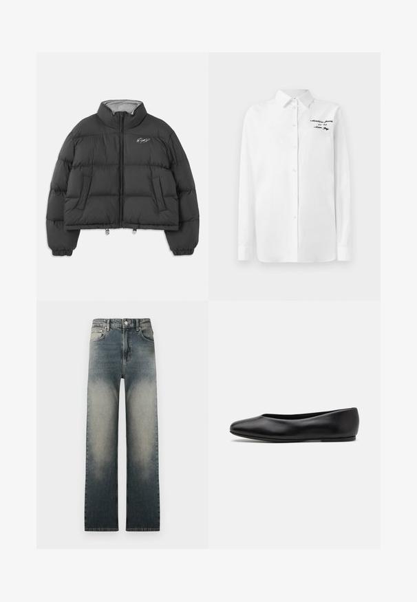 Casaco puffer preto cropped com colarinho alto, fecho à frente, bolsos laterais, punhos elásticos e assinatura branca bordada no peito esquerdo.; Camisa de botão branca de mangas longas com colarinho e texto bordado em preto "Moschino Jeans" no peito superior esquerdo.; Jeans de cintura alta e pernas retas com lavagem de denim desbotada em tons claros e escuros e design clássico de cinco bolsos.; Paul Smith TOPANGA - Sabrinas - black
