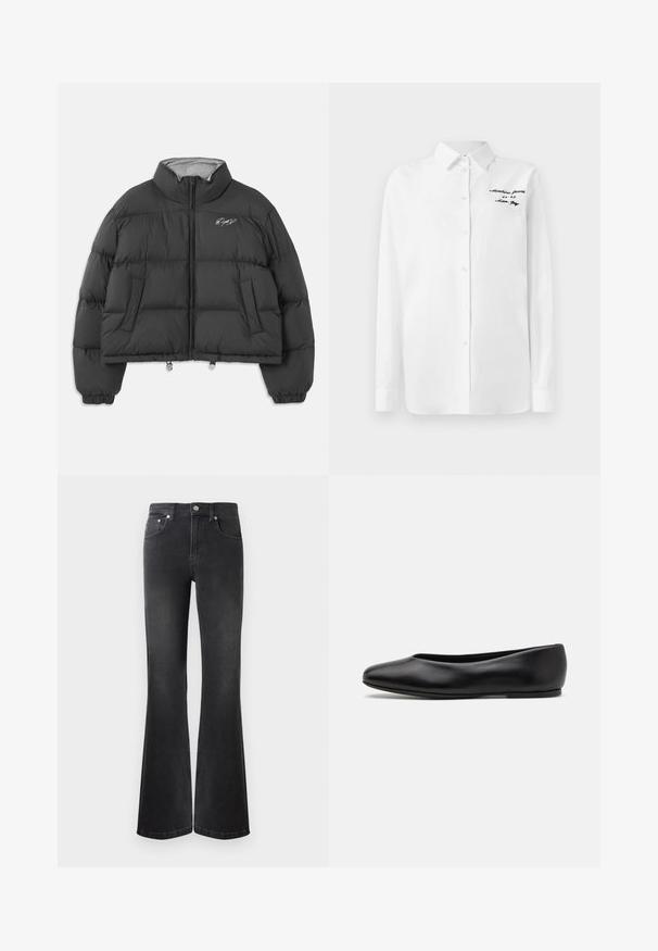 Mustavärinen lyhennetty puhvijakku, jossa on korkea kaulus, etuvetoketju, sivutaskut, joustavat hihansuut ja valkoinen kirjailtu allekirjoitus vasemmassa rinnassa.; Valkoinen pitkähihainen napillinen paita, jossa on kaulus ja musta brodeerattu teksti "Moschino Jeans" vasemmassa ylärinnassa.; Mustat leveälahkeiset farkut, jotka on valmistettu denimistä, korkealla vyötäröllä, viidellä taskulla ja metallinappisuljennalla. Sujuva pinta, jossa on hienovaraisia haalistuskohtia.; Paul Smith TOPANGA - Ballerinat - black