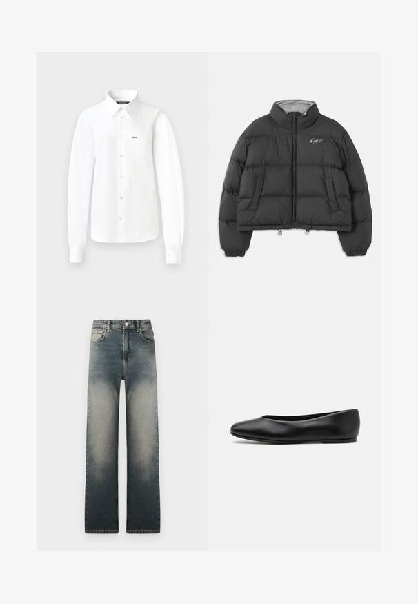 Sort cropped puffer jakke med høj krave, frontlynlås, sidelommer, elastiske manchetter og hvidt broderet logo på venstre bryst.; Hvid langærmet skjorte med knapper lavet af glat stof, med spids krave, enkelt brystlomme og knapper hele vejen ned.; Hvid ribbet tanktop med en rund halsudskæring, der har et sort trykt logo med teksten "MOSCHINO JEANS" foran.; Højtaljede lige jeans med (faded) lys og mørk denimvask samt klassisk fem-lomme design.; Paul Smith TOPANGA - Ballerinasko - black