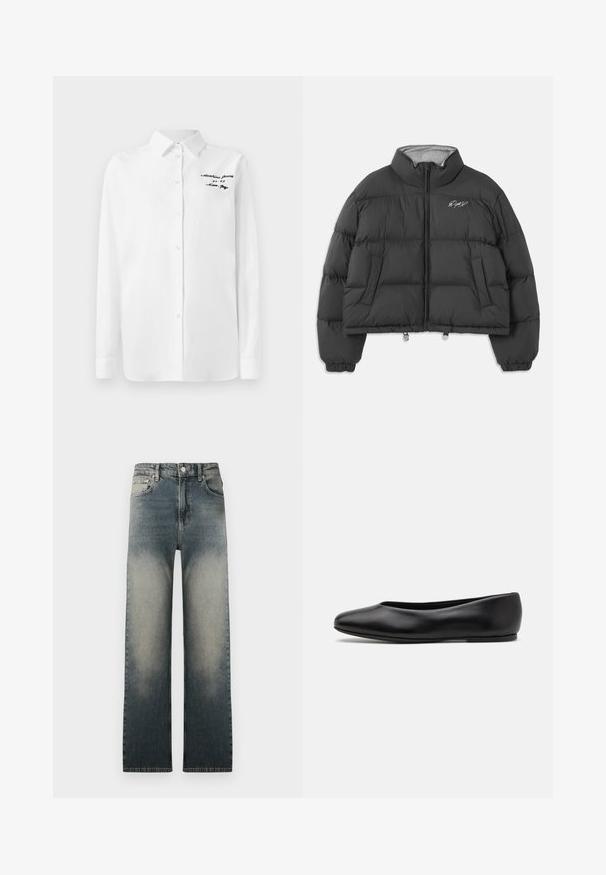 Black cropped puffer jacket with high collar, front zipper, side pockets, elastic cuffs, and white embroidered signature on left chest.; White long-sleeve button-up shirt with collar and black embroidered text "Moschino Jeans" on the upper left chest.; High-waist straight-leg jeans with faded light and dark denim wash and classic five-pocket design.; Paul Smith TOPANGA - Ballet pumps - black