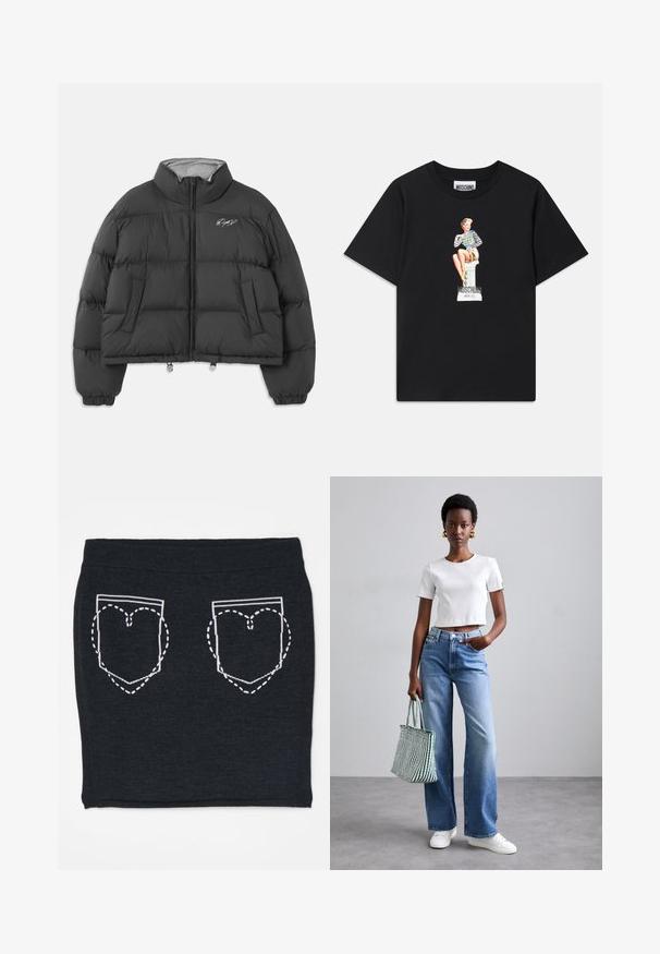 Jachetă puffer scurtă neagră cu guler înalt, fermoar frontal, buzunare laterale, manșete elastice și semnătură brodată albă pe partea stângă a pieptului.; Cămașă neagră din bumbac cu un grafic imprimat al unei femei îmbrăcate cu un top dungat, stând pe un piedestal, cu textul "Moschino Jeans" dedesubt.; Fustă tricotată neagră cu modele de buzunare în formă de inimă, conturate în alb, cu cusături întrerupte. Talie elastică pentru confort.; Tricou scurt cu dungi albe, blugi cu picioare largi de culoare albastră deschisă și adidași albi. Ținând o geantă de umăr cu dungi verzi și albe.