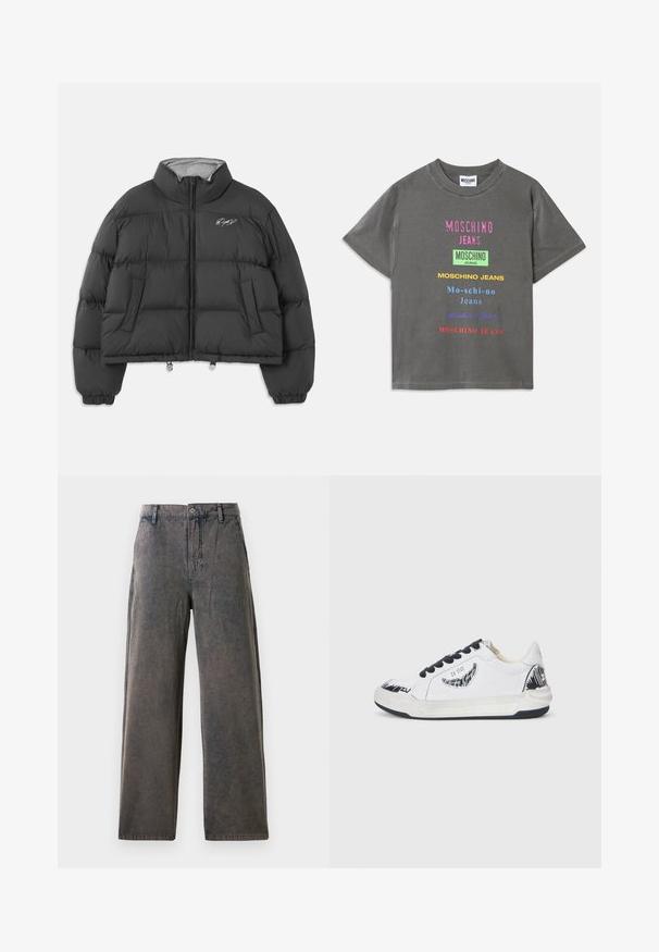 Chaqueta acolchada negra corta con cuello alto, cremallera frontal, bolsillos laterales, puños elásticos y firma bordada en blanco en el lado izquierdo del pecho.; Camiseta de algodón gris con diversas palabras "MOSCHINO JEANS" en colores brillantes y diferentes tipografías, con un corte relajado y cuello redondo.; Pantalones de pierna ancha en una tela gris desgastado, con cierre de botón, trabillas para cinturón y bolsillos laterales con una textura sutil.; Zapatilla blanca con acentos negros, con un diseño texturizado en el lateral, cordones negros y una suela de goma. Logotipo y arte en la parte superior.