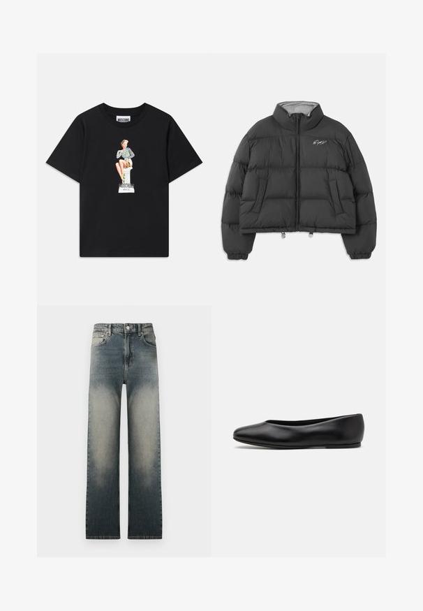 Černá zkrácená péřová bunda s vysokým límcem, předním zipem, bočními kapsami, elastickými manžetami a bílým vyšitým logem na levé hrudi.; Černé bavlněné tričko s potiskem grafiky ženy ve pruhovaném topu, sedící na podstavci s textem "Moschino Jeans" pod tím.; Bílá košile s dlouhým rukávem, s límečkem a černým výšivkovým nápisem "Moschino Jeans" na levé horní části hrudi.; Džínsy s vysokým pasem a rovnými nohavicemi se světlým a tmavým denimovým ombré a klasickým pětipocket designem.; Paul Smith TOPANGA - Klasické baleríny - black