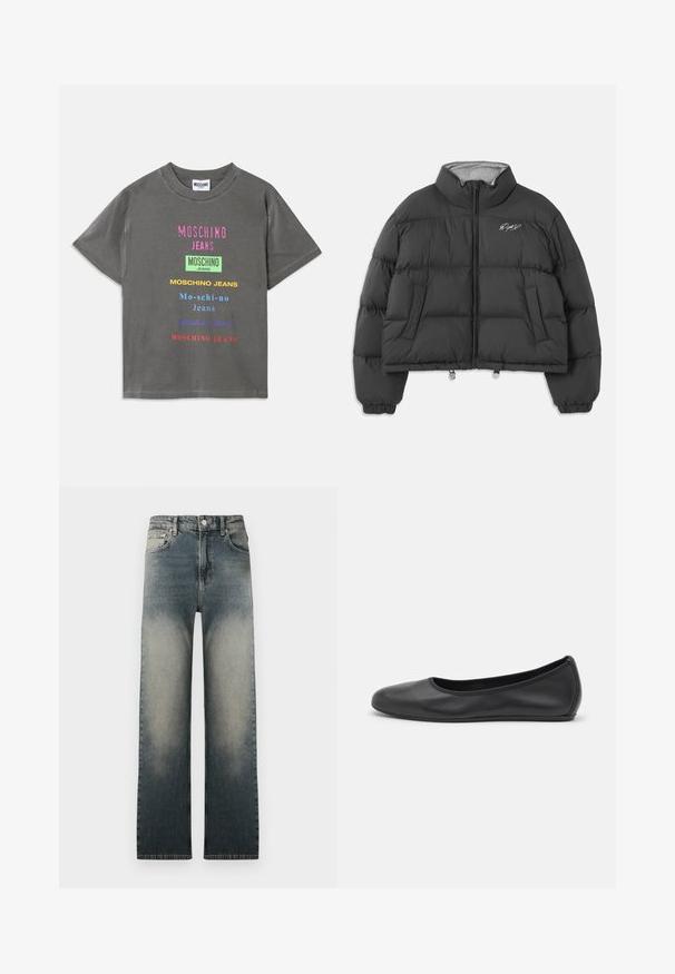 Černá zkrácená péřová bunda s vysokým límcem, předním zipem, bočními kapsami, elastickými manžetami a bílým vyšitým logem na levé hrudi.; Šedé bavlněné tričko s různými jasně barevnými nápisy "MOSCHINO JEANS" v různých typech písma, s volným střihem a kulatým výstřihem.; Bílá košile s dlouhým rukávem, s límečkem a černým výšivkovým nápisem "Moschino Jeans" na levé horní části hrudi.; Džínsy s vysokým pasem a rovnými nohavicemi se světlým a tmavým denimovým ombré a klasickým pětipocket designem.; Černé kožené baletní byty s kulatou špičkou, hladkou texturou, minimálními švy a flexibilním designem podrážky.