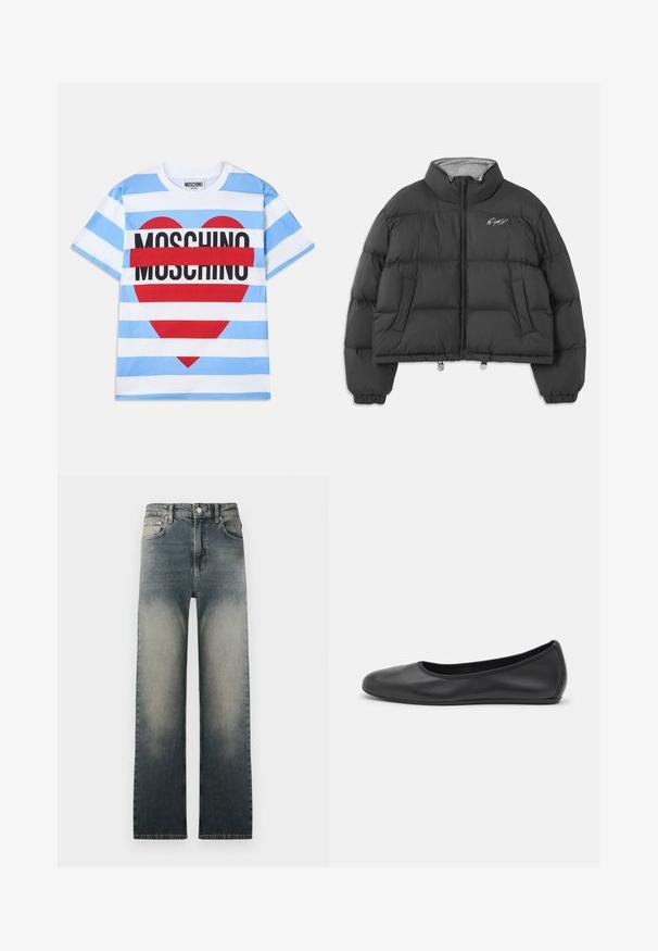 Jachetă puffer scurtă neagră cu guler înalt, fermoar frontal, buzunare laterale, manșete elastice și semnătură brodată albă pe partea stângă a pieptului.; Tricou cu dungi în albastru deschis și alb, cu un grafic în formă de inimă roșie și textul "MOSCHINO" scris cu font negru îngroșat în centrul acestuia. Material din bumbac.; Cămașă albă cu mânecă lungă și nasturi, cu guler și text brodat negru "Moschino Jeans" pe partea superioară stânga a pieptului.; Jeans cu talie înaltă și picioare drepte, cu un amestec de denimul deschis și închis la culoare, având un design clasic cu cinci buzunare.; Balerini din piele neagră, cu vârf rotund, textură netedă, detalii de cusătură minimale și un design al tălpii flexibil.