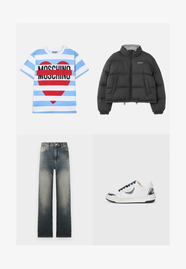 Svart kort pufferjacka med hög krage, framdragkedja, sidfickor, elastiska ärmmuddar och vit broderad signatur på vänster bröst.; Randig t-shirt i ljusblått och vitt med en röd hjärtgrafik och "MOSCHINO"-text i fet svart stil över mitten. Tillverkat av bomull.; Höga raka jeans med blekt ljus- och mörk denimtvätt och klassisk femfickdesign.; Vita sneakers med svarta detaljer, med en texturerad design på sidan, svarta snören och gummisula. Logotyp och konstverk på ovansidan.