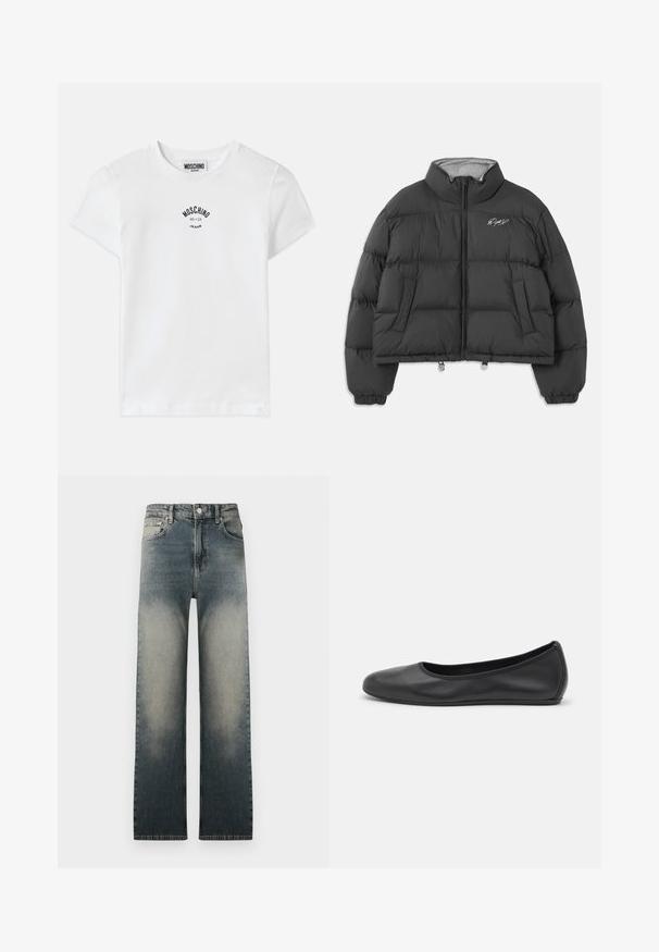 Fekete rövidített puffernadrág magas gallérral, elöl cipzárral, oldalsó zsebekkel, rugalmas mandzsettákkal és fehér hímzett logóval a bal mellkason.; Fehér pamut póló, fekete nyomott logóval a mellkasán, a "MOSCHINO" márkanevével és az "86-23" évszámmal, kerek nyakkivágással és rövid ujjakkal.; Fehér, hosszúujjú, galléros inget gombolással, az elülső bal mellen fekete hímzett "Moschino Jeans" felirattal.; Magas derekú, egyenes szárú farmernadrág, elhalványult világos és sötét farmer színben, klasszikus öt zsebes kialakítással.; Fekete bőr balettcipő lekerekített orral, sima tekstúrával, minimális varrással és rugalmas talp kialakítással.