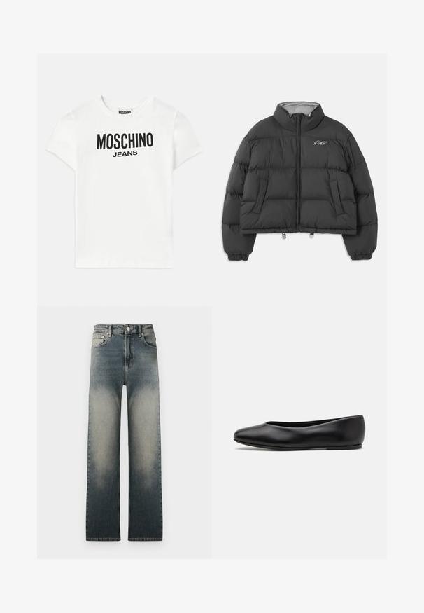 Čierna skrátená prešívaná bunda s vysokým golierom, predným zipsom, bočnými vreckami, elastickými manžetami a bielym vyšívaným podpisom na ľavej hrudi.; Biela bavlnená tričko s krátkymi rukávmi. Na prednej strane sa nachádza čierny potlačený text "MOSCHINO JEANS", okrúhly výstrih a štandardný strih.; Biela košeľa s dlhým rukávom a golierom, s čiernym vyšívaným textom "Moschino Jeans" na hornej ľavej časti hrude.; Džínsy s vysokým pásom a rovnými nohavicami, s bledým a tmavým denimovým umývaním a klasickým dizajnom s piatimi vreckami.; Paul Smith TOPANGA - Balerínky - black