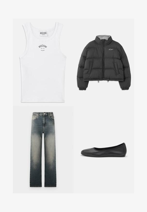 Fekete rövidített puffernadrág magas gallérral, elöl cipzárral, oldalsó zsebekkel, rugalmas mandzsettákkal és fehér hímzett logóval a bal mellkason.; Fehér bordázott ujjatlan felső, lekerekített nyakkivágással és széles vállpántokkal. A mellkason szürke színű "MOSCHINO JEANS" felirat látható.; Fehér, hosszúujjú, galléros inget gombolással, az elülső bal mellen fekete hímzett "Moschino Jeans" felirattal.; Magas derekú, egyenes szárú farmernadrág, elhalványult világos és sötét farmer színben, klasszikus öt zsebes kialakítással.; Fekete bőr balettcipő lekerekített orral, sima tekstúrával, minimális varrással és rugalmas talp kialakítással.