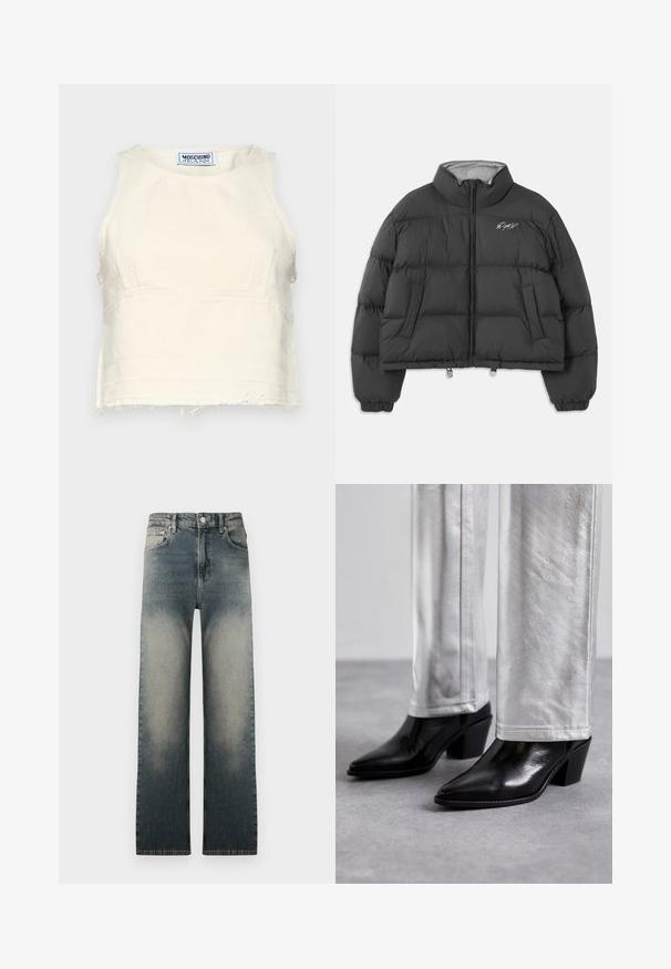 Black cropped puffer jacket with high collar, front zipper, side pockets, elastic cuffs, and white embroidered signature on left chest.; Cropped, sleeveless top in off-white cotton with a raw hemline. Features a round neckline and subtle panel seams. Logo label inside.; High-waist straight-leg jeans with faded light and dark denim wash and classic five-pocket design.; Black leather ankle boots with a pointed toe and block heel, paired with shiny silver pants, showcasing sleek textures and contrasting colors.