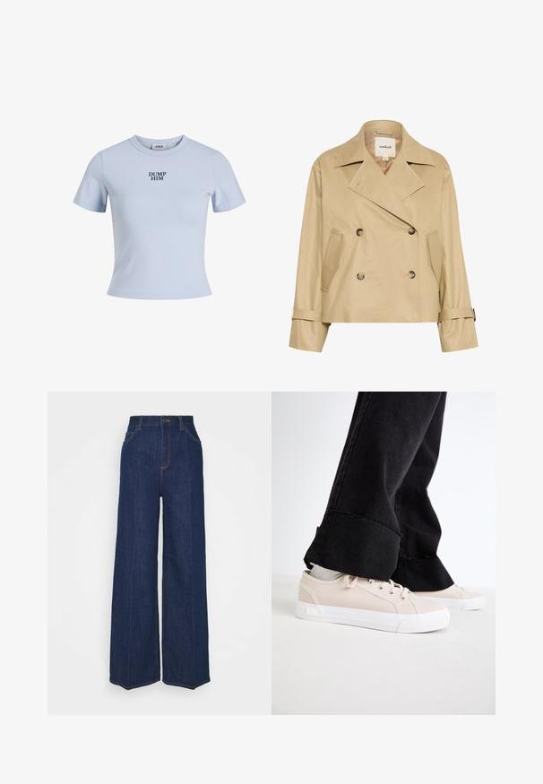 Šviesiai rusvas dvigubas paltas, pagamintas iš sklandžios, lengvos medžiagos. Savybės: dideli apykaklės, šoniniai kišeniai ir reguliuojamos rankogaliai. Etiketėje parašyta "soaked".; Šviesiai mėlynas trumpų rankovių marškinėlis, pagamintas iš minkštos medžiagos. Turi apvalų iškirpimą ir boldiniu šriftu spausdintą tekstą "DUMP HIM" tamsiai mėlyna spalva.; Aukštai juosmens, plačių kojų tamsiai mėlyni džinsai su priekinių ir galinių kišenių, mygtuko uždarymu ir matomais siuvimo detalėmis.; Šviesiai smėliniai drobiniai sportbačiai su baltais guminiais padais, raišteliais ir diskrečiais šoniniais akcentais, derinami su juodomis, nunešiotomis plačiomis kelnėmis.