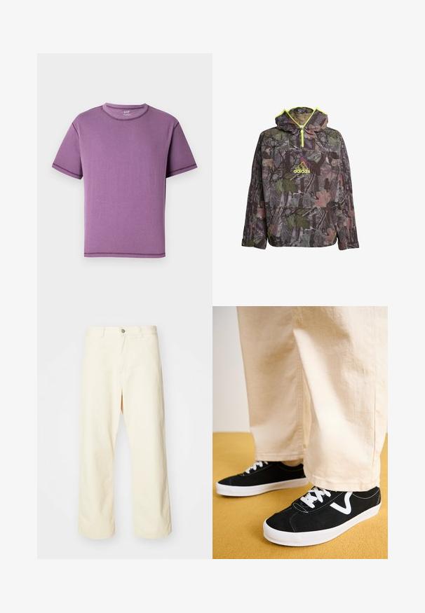 Maskáčová mikina v odtieňoch zelenej, hnedej a šedej s polo-zipsom, veľkou prednou kapsou a neonovo žltými akcentmi.; Fialové tričko s krátkym rukávom vyrobené z mäkkej bavlny, s okrúhlym výstrihom a kontrastným šitím pozdĺž švov.; Krémové široké nohavice z bavlny s gombíkovým zapínaním, pútkami na opasok a prešívaným okrajom. Hladká textúra, bez viditeľných vzorov.; Čierne semišové tenisky s bielymi akcentmi a šnúrkami, s nízkym strihom a zaoblenou špičkou, nosené s béžovými širokými nohavicami.
