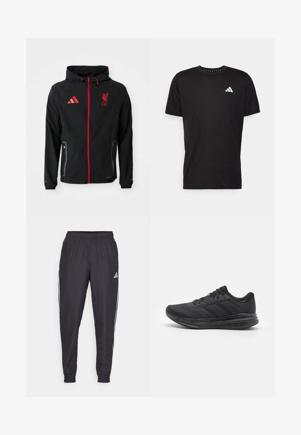 Must mustaga punase tõmblukuga, varrukatega, Adidas'i logo ja Liverpool FC embleemiga. Kujundatud küljetaskutega ja elastsete mansettidega.; Must must ka t-särk lühikeste varrukatega, ümmarguse kaelusega ja valge logoga vasakul rinnal. Sile tekstuur ja lihtne disain.; Mustad musthantsihed, millel on elastne vöökoht, valgete triipudega külgedel ja väike logo puusal. Sujuv tekstuur.; Must have spordijalanõud, millel on võrgust ülemine osa, kummist tald, tekstuuriga disain ja kolm triipu külgedel. Vahtpolsterdus mugavuse tagamiseks.
