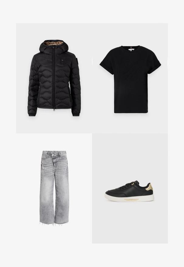 Chaqueta inflable negra con capucha, con un cierre frontal, textura acolchada, puños elásticos y un logo sutil en el pecho. Forrada de marrón.; Camiseta de algodón negra con mangas cortas enrolladas, que presenta un logotipo en relieve en el centro y un pequeño acento de bandera en el lateral.; Jeans de pernera ancha y alta cintura en denim gris claro, con detalles desgastados y un dobladillo sin terminar. Dos bolsillos frontales y un cierre de botón.; Zapatillas de cuero negro con textura suave, suela de goma blanca, detalles dorados en el talón y los ojetes, con un logo en el lateral.