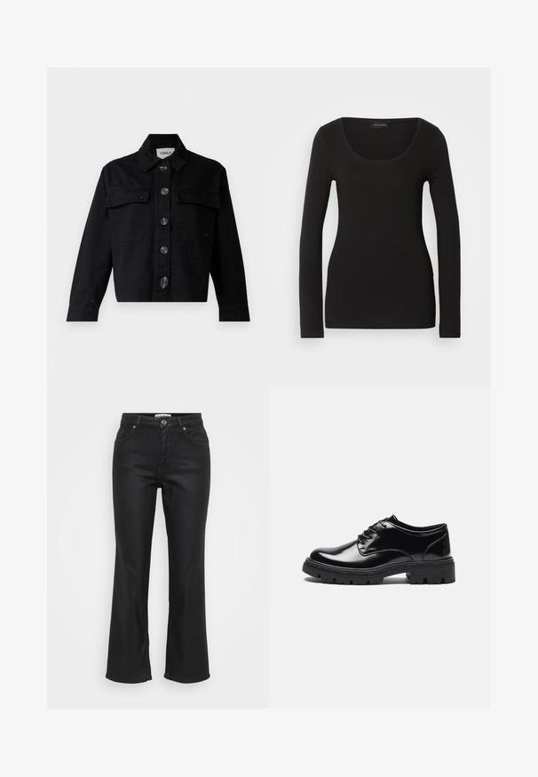 Black denim jacket featuring a classic collar, front pockets, and large buttons. The design is cropped with long sleeves and a structured fit.; Black long-sleeve top with a scoop neckline, made from soft, stretchy fabric. Features a fitted shape and smooth texture. Brand label visible.; Black flared jeans made of denim, featuring a front button closure, five pockets, and a smooth, slightly shiny texture.; Anna Field Lace-ups - black