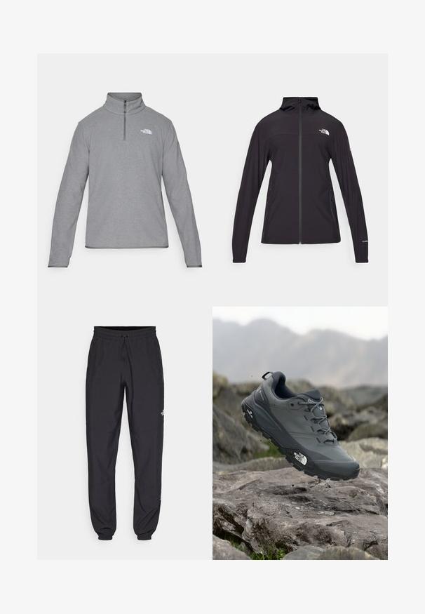 Casaco preto com fecho total e capuz. Apresenta mangas longas, dois bolsos laterais e detalhe do logo no peito e na manga. Tecido leve.; The North Face M GLACIER FLEECE 1/4 ZIP JACKET - Camisola de lã polar - grey heather; Calças atléticas pretas feitas de tecido leve, com um cós ajustável por cordão, bolsos laterais e punhos afunilados nos tornozelos.; Sapatilha de corrida em trilhos cinza com um cabedal texturizado, sola de borracha durável e ponteira reforçada. Apresenta atacadores e o logótipo da marca de lado.