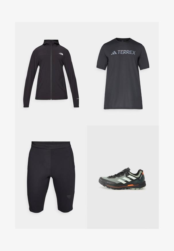 Must rõõngastega must tõmblukk-jakk kapuutsiga. Omaduseks on pikad varrukad, kaks küljetaskut ja logodetail rinna ja varruka peal. Kerge kangas.; Must musta t-särk, mis on valmistatud kergetest kangast, millel on kergehall "TERREX" logo rinnaeest ja ümar kaelus.; Mustad mustad rattad, mis on valmistatud venivast materjalist, sileda tekstuuriga, minimalistliku lõikega ja alumises osas on peene logo.; Kerge jalgsimatka jooksujalats halli ja mustavõrguga ülemise osaga, oranžide aktsentidega ning robustse väljastuse haardeks. Veekindel Gore-Tex vooder.