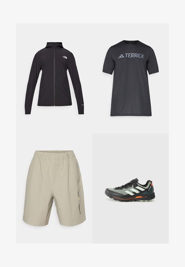 Črna jakna z zadrgo in kapuco. Ima dolge rokave, dva stranska žepa in logo na prsih ter roceh. Lahka tkanina.; Črna majica s kratkimi rokavi iz lahkega materiala, ki ima odtisnjen svetlo sivi logotip "TERREX" čez prsi in okrogel izrez.; Bež kratke hlače z elastičnim pasom. Imajo subtilno teksturo in stransko blagovno znamko v črni in rumeni barvi. Oblikovane za udobje in mobilnost.; Lahka tekaška čevlja za trail s sivim in črnim mrežastim zgornjim delom, oranžnimi poudarki in robustnim podplatom za oprijem. Vodoodporna Gore-Tex podloga.
