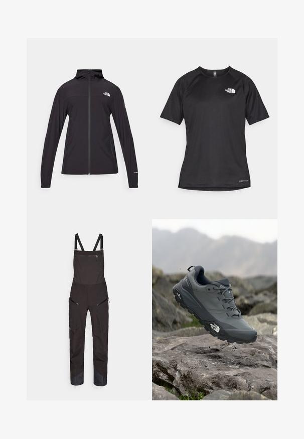 Čierna bunda na zips s kapucňou. Má dlhé rukávy, dve bočné vrecká a detail loga na hrudi a na rukáve. Ľahký materiál.; Čierne športové tričko s krátkym rukávom z texturovanej látky, s bielym logom na ľavej hrudi a rovným lemom.; Čierne traky s nastaviteľnými popruhmi, so zipsom na prednej vrecku a bočnými vreckami. Obsahuje spevnenú časť dolnej nohy s kontrastným textúrou.; Šedá trailová bežecká obuv s textúrovaným zvrškom, odolnou gumovou podrážkou a vystuženou špičkou. Obsahuje šnúrky a logo značky na boku.