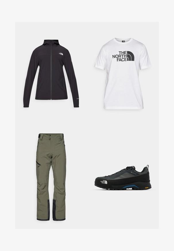 Sort, fuld-zip jakke med hætte. Har lange ærmer, to sidelommer og logo-detalje på brystet og ærmet. Letvægtigt stof.; Hvid bomulds T-shirt med sort grafisk print, der inkluderer tekst og et buet logodesign. Rund halsudskæring og korte ærmer. Ensartet tekstur.; Olivengrønne skibukser fremstillet af vandtæt stof, med dobbeltknap lukning, sidelommer med lynlås og sorte detaljer nederst på benene.; The North Face VERTO ALPINE GORE TEX - Hikingsko - asphalt grey/tnf black