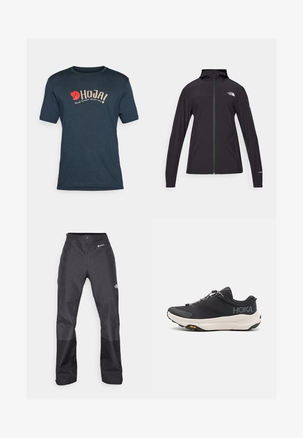 Čierna bunda na zips s kapucňou. Má dlhé rukávy, dve bočné vrecká a detail loga na hrudi a na rukáve. Ľahký materiál.; Tmavomodré tričko vyrobené z ľahkej látky s logom a grafickým zobrazením červenej líšky a textom "HOJA! CYCLING EQUIPMENT FJÄLLRÄVEN SWEDEN."; Čierne nepremokavé nohavice s hladkým povrchom, so značkou GORE-TEX na prednej strane a zosilnenými dolnými nohavicami pre väčšiu odolnosť.; Čierne športové topánky s textúrovaným zvrškom, sivými akcentmi, reflexnými detailmi a hrubou bielou podrážkou s logom Vibram.