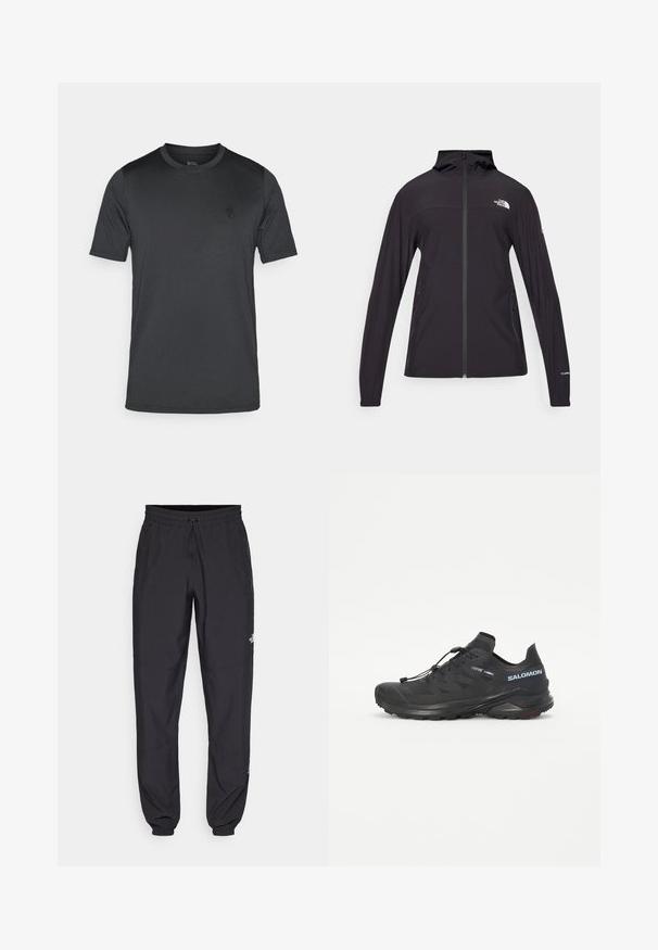 Casaco preto com fecho total e capuz. Apresenta mangas longas, dois bolsos laterais e detalhe do logo no peito e na manga. Tecido leve.; Camiseta de manga curta para homem em cinza escuro, feita de tecido suave. Apresenta um decote redondo e um pequeno logo no peito.; Calças atléticas pretas feitas de tecido leve, com um cós ajustável por cordão, bolsos laterais e punhos afunilados nos tornozelos.; Sapatilha de trail running preta com um upper texturizado, atacadores elásticos e sola Contagrip. Apresenta um ajuste confortável e uma biqueira protetora.