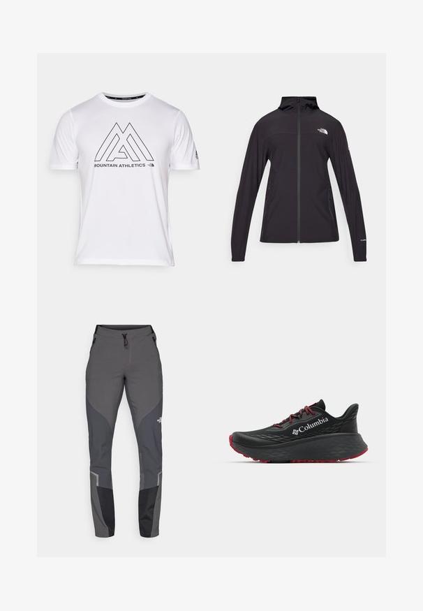 Juodas pilnai užtraukiamas džemperis su gobtuvu. Savybės: ilgomis rankovėmis, dviem šoninėms kišenėms, logotipas ant krūtinės ir rankovės. Lengvas audinys.; Balta trumpa rankovė T-marškiniai su juodu geometriniu logotipu, kuriame parašyta "MOUNTAIN ATHLETICS" priekinėje pusėje. Pagaminta iš lygaus, lengvo audinio.; Pilkos žygio kelnės, su siaurėjančiu dizainu, keliais kišenėmis ir kontrastingomis tamsiai pilkomis ir juodomis detalėmis. Pagamintos iš elastingos, tvirtos medžiagos.; Juodas sportinis batelis su tekstūruota viršutine dalimi, raudonais raišteliais ir logotipu. Storas padas su raštuotu protektoriu traukai. Minimalistinis dizainas, šoninis vaizdas.