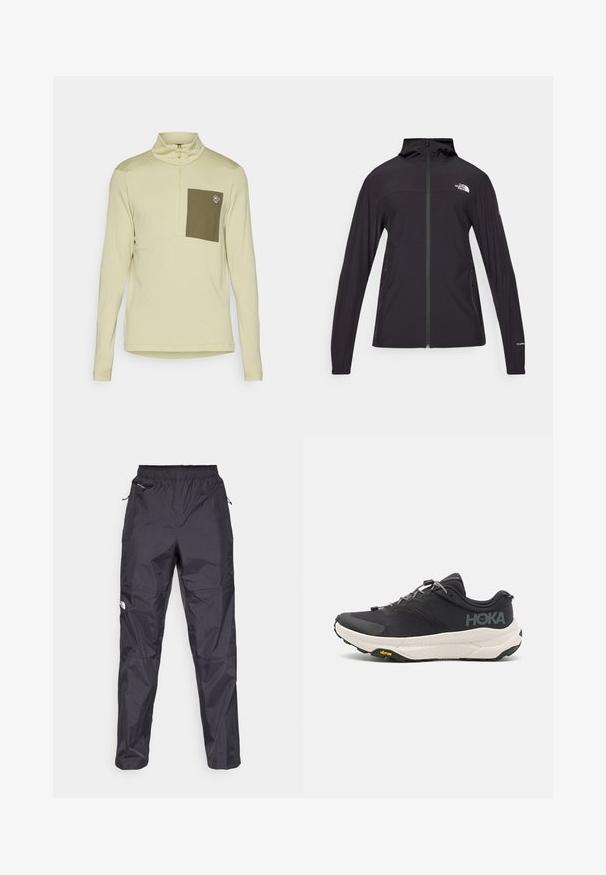 Svart, full-zip jakke med hette. Har lange ermer, to sidelommer og logodetalj på brystet og ermet. Lett materiale.; Lys beige langermet skjorte med halvmeter-glidelås krage, som har en olivengrønn brystlomme og en logodetalj på lommen. Glatt tekstur.; Svart vanntette bukser laget av lett, teksturert materiale. Har en elastisk midje og glidelåslommer.; Svart treningssko med teksturert overdel, grå detaljer, reflekterende elementer og en tykk hvit såle med Vibram-merke.