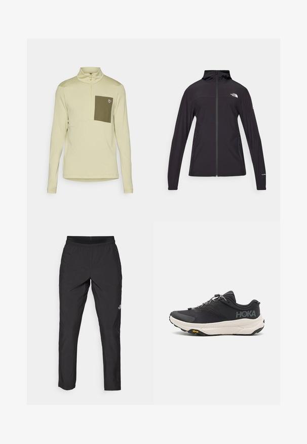 Juodas pilnai užtraukiamas džemperis su gobtuvu. Savybės: ilgomis rankovėmis, dviem šoninėms kišenėms, logotipas ant krūtinės ir rankovės. Lengvas audinys.; Šviesiai smėlinis ilga rankovėms marškiniai su pusiau užtrauktuku, turintys alyvuogių spalvos krūtinės kišenę ir logotipo detalę ant kišenės. Lygus paviršius.; Juodi sportiniai kelnių paspaudimai su elastinga juosta, pagaminti iš lengvo audinio, su mažu logotipu ant apatinės kojos ir tiesia kojos dizainu.; Juodos sportinės bateliai su tekstūruota viršutine dalimi, pilkų akcentų, atspindinčiomis detalėmis ir storu baltu padu su Vibram prekės ženklu.